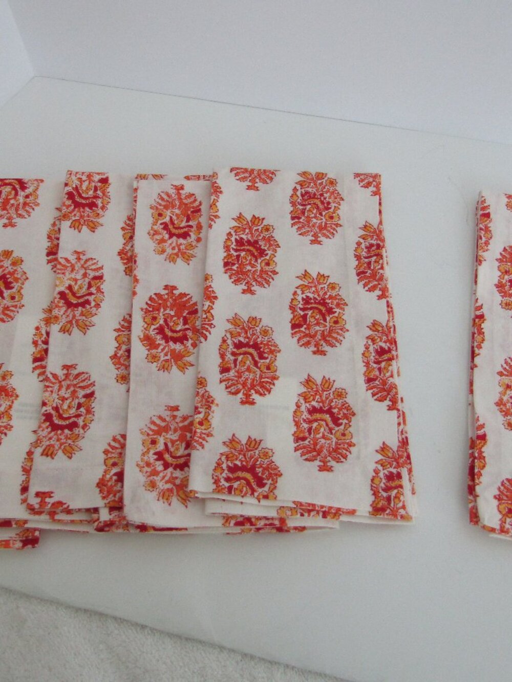 Pottery Barn (set of  6) new floral block print cotton napkins, orange/red